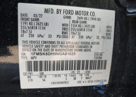 2022 Ford Explorer Xlt from USA, damaged, VIN 1FMSK8DH9NGA81625